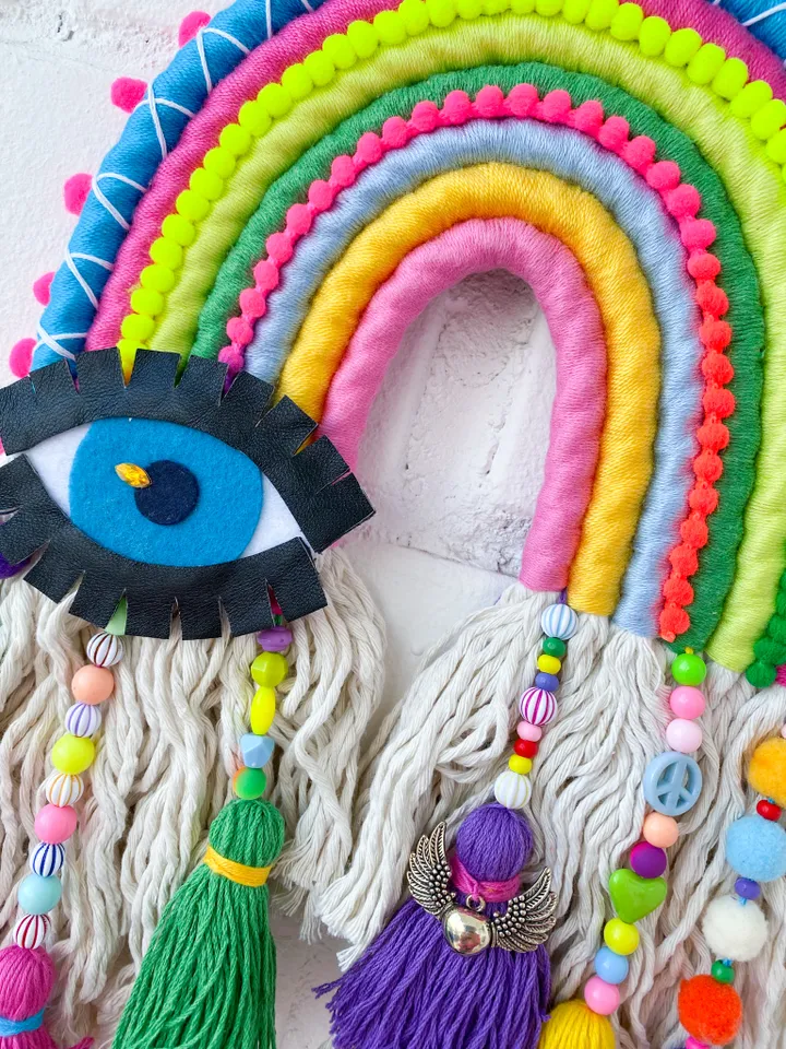 Colorful wall decor, Hippie room decoration, Macrame rainbow with evil eye, Funny gift, Boho home decor