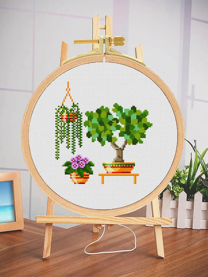 House plants cross stitch pattern download PDF, Small floral cross stitch chart, Garden beginner stitch, Potted plants embroidery PDF #P13
