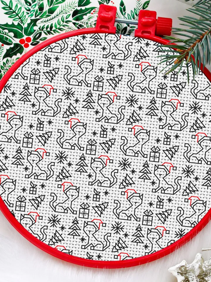 Cat geometric blackwork pattern PDF Easy Christmas seamless pattern, Backstitch repeating chart, Christmas ornament Digital download PDF #W1