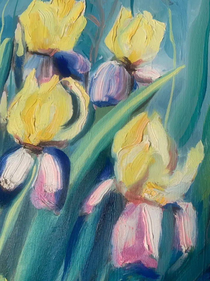 Irises in turquoise light yellow flowers original painting abstract modern style
