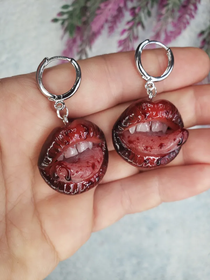 Only to be custom made (orders being taken for the middle of February 2025, message me on Instagram if you'd like to order) Gore bloody Vampire Lips earrings, stainless steel