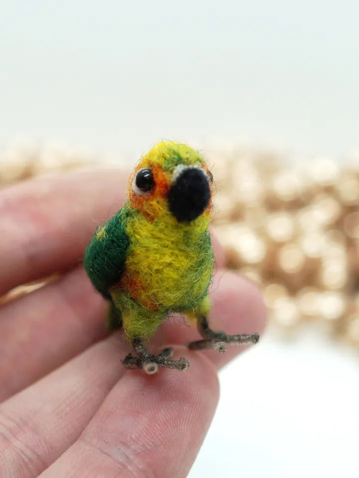 Miniature needle felted Jenday Conure, miniature parakeet, tiny parrot, made to order