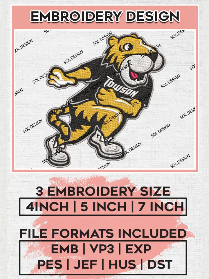 NCAA Towson Tigers Football Team Mascot Logo Embroidery Design Files, NCAA Towson Tigers Machine Embroidery, NCAA Teams, Game Day, 3 sizes, NCAA Machine embroidery designs, Digital Download