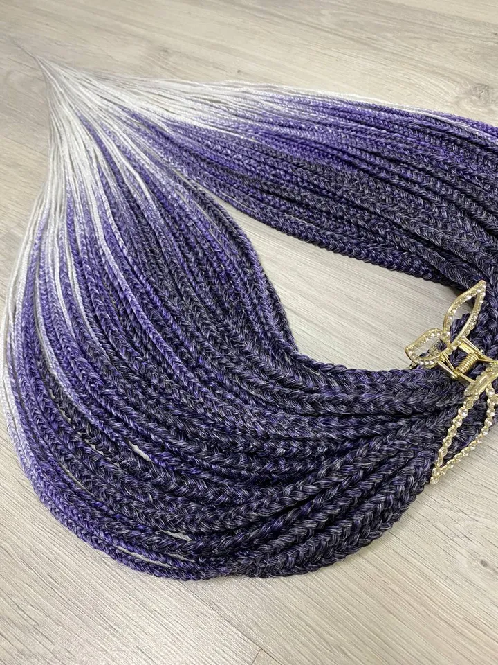 Purple braids hair extensions. Ombre synthetic Braids violet to white. DE braids full set.