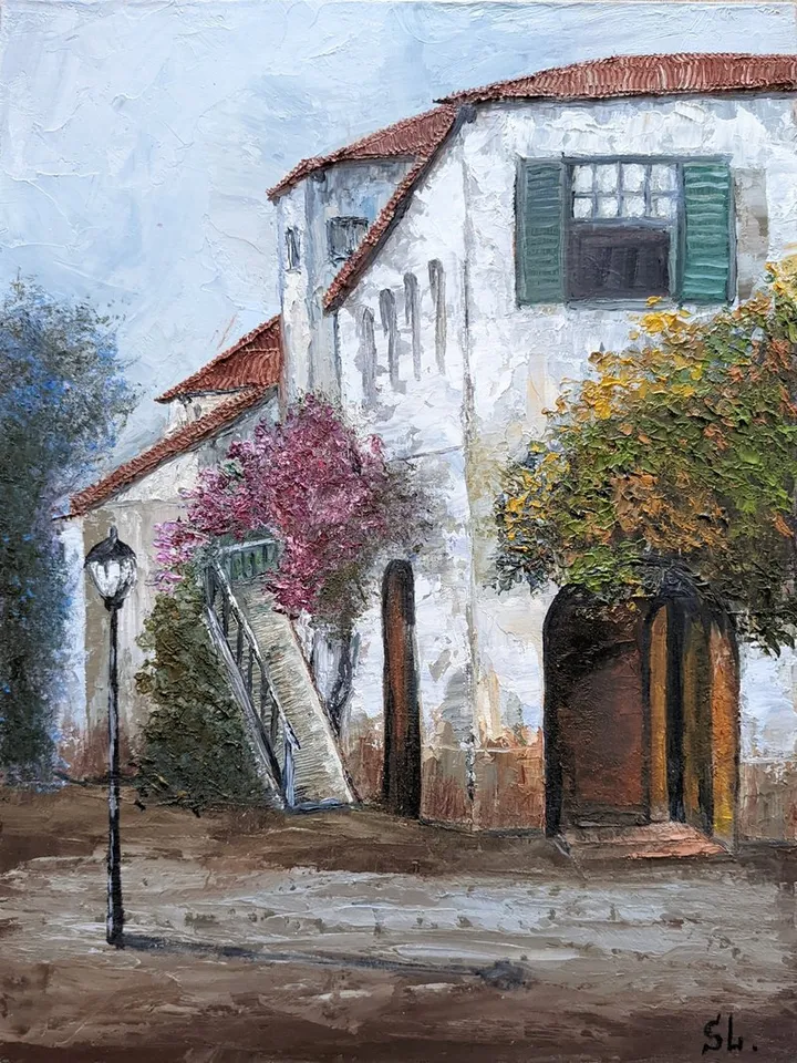 Oil Painting Old Houses, South Street, White House, Flowering Bush, Original Painting Reproduction 16x12 inches.