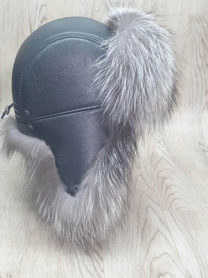Men's silver fox hat, Winter hat for men, Genuine leather hat top, Fur hat with earflaps "Pilot". Warm men's hat