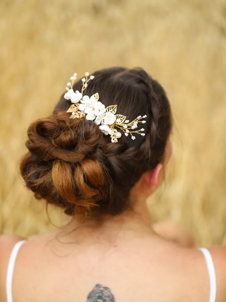 Gold Ivory Flowers Boho Wedding Hair Comb, Leaf Bridal Headband, Wedding Hair Accessories, Hair Pins, Bridal Jewelry Set, Bridesmaid gift