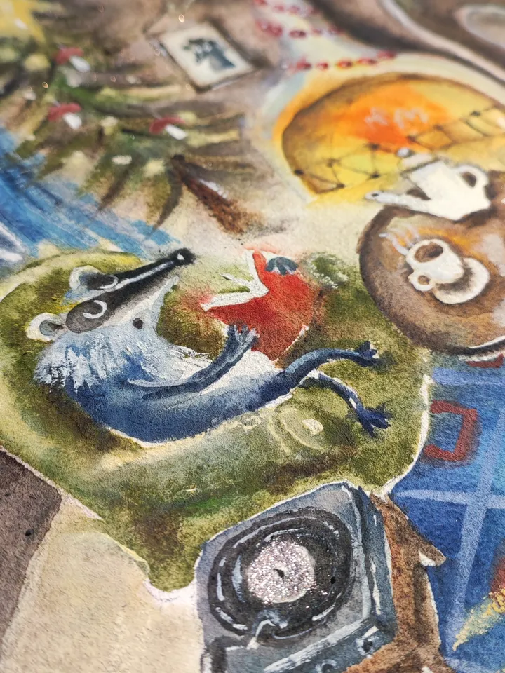 27×27cm Artwork by Julia Schigal "Dreaming of a White Christmas" - watercolor, gouache, pastel