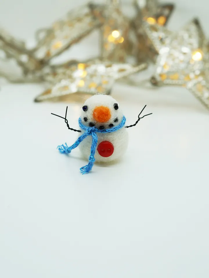 Miniature needle felted snowman in a blue scarf, made to order