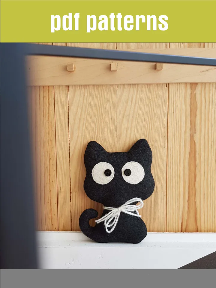 Black cat pattern PDF for sewing Halloween doll, digital tutorial in english