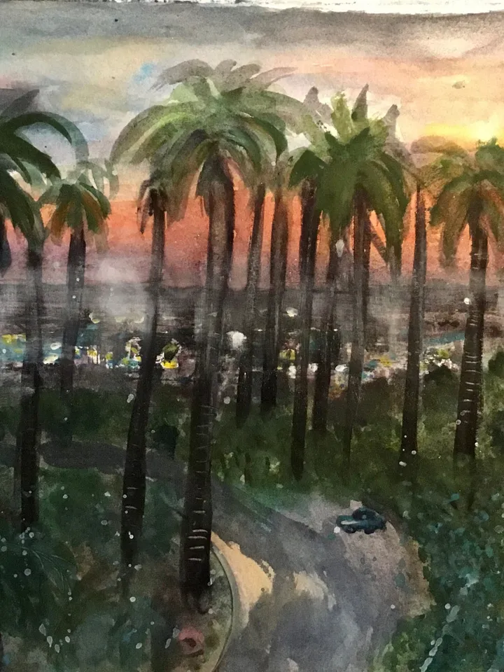 Los Angeles original watercolour painting,sunset palm trees painting,wall art,city painting,USA painting,unique handmade watercolor art.