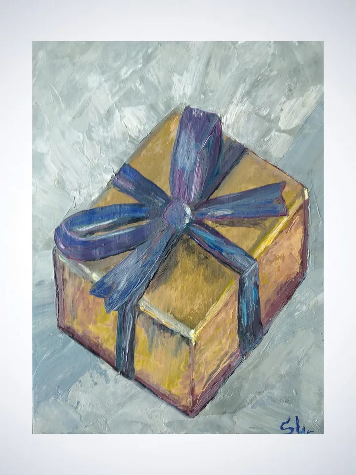 Oil Painting Holiday Gift Box with Blue Bow Original Art Cardboard 10x7 Inch