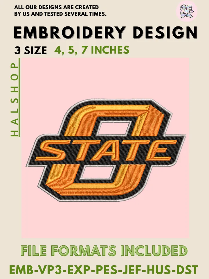 Oklahoma State Cowboys NCAA Logo Embroidery File | College Team Stitch Design | Instant Digital Download