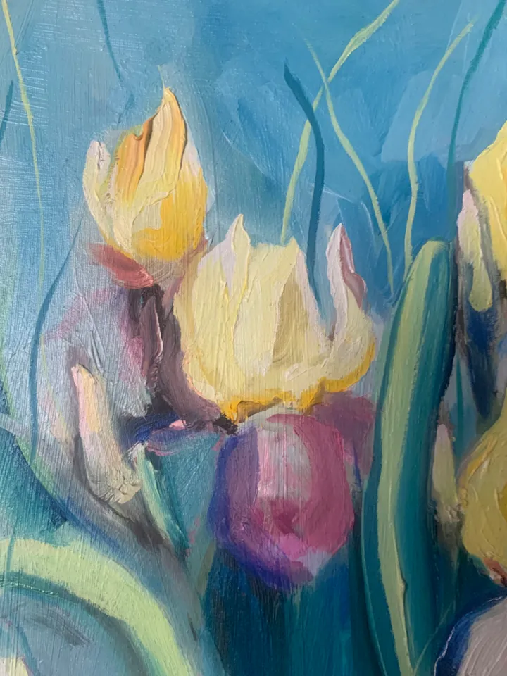 Irises in turquoise light yellow flowers original painting abstract modern style