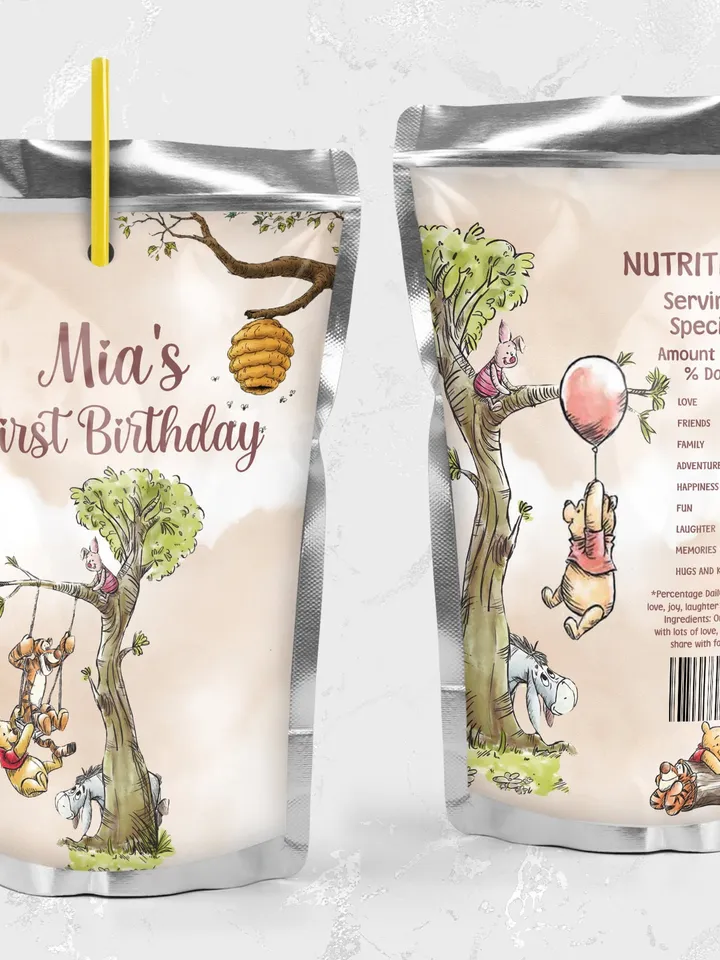 Editable Juice Label Hundred Acre Wood First Birthday party juice label; Winnie the Pooh Party; Classic Pooh Party Birthday ; wp6