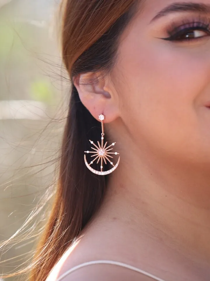 Rose Gold Moon and Star Hoop Wedding Earrings, Celestial Boho Bridal Earrings, Bridesmaid Gift, Dangle Earrings Bohemian Jewelry, Jewellery