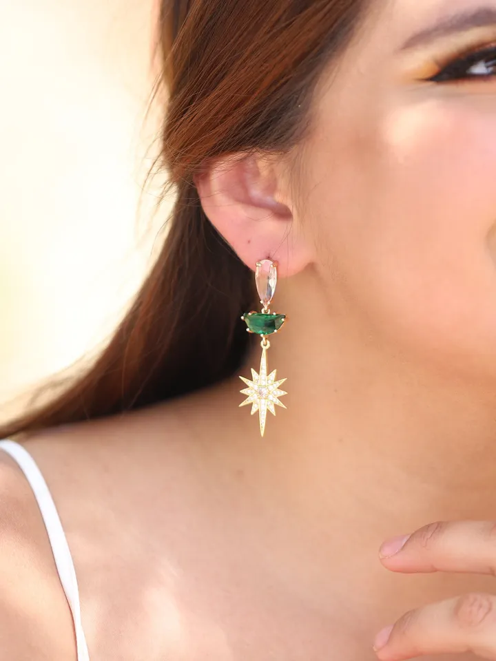 Art Deco Gold Star Wedding Earrings, Emerald Green Statement Bridal Earrings, Celestial Earrings, Boho Bridal Earrings, Statement Jewelry