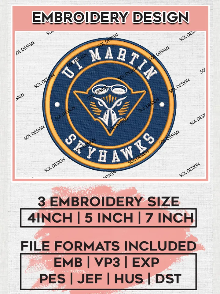 NCAA UT Martin Skyhawks Round Logo Embroidery, NCAA UT Martin Skyhawks Logo Embroidery files, NCAA Teams, Machine embroidery designs, Digital Download