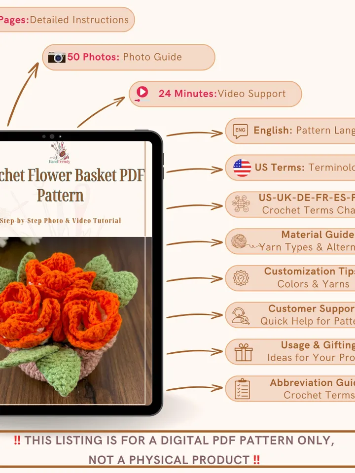 Crochet Flower Basket PDF Pattern, Amigurumi Floral Arrangement, DIY Crochet Home Decor, Handmade Rose Bouquet Tutorial