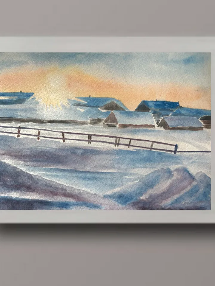 Winter village original watercolour painting