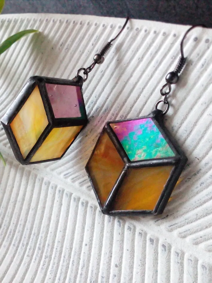 Cube hexagon geometric simple stained glass earrrings, honeycomb Iridescent earrings