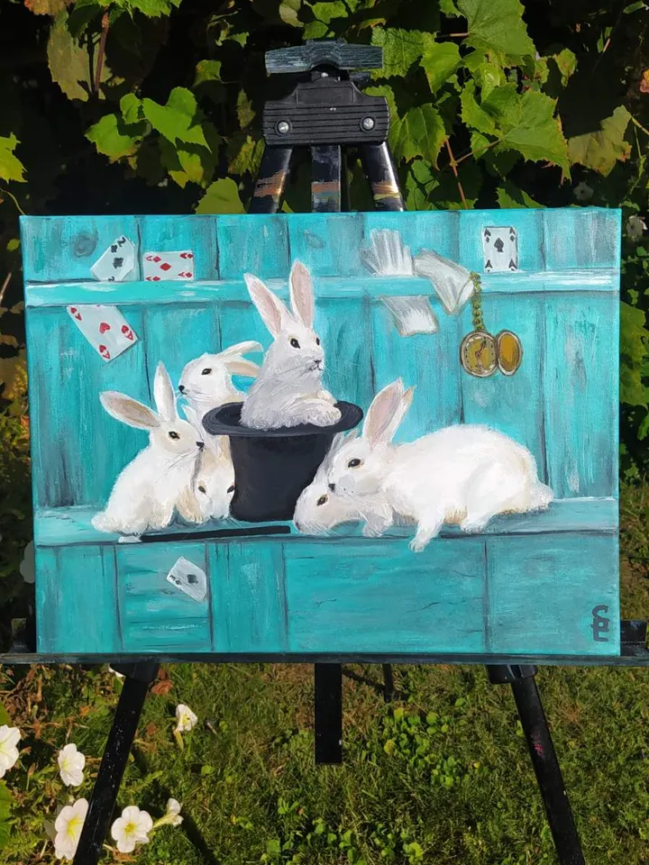 Oil painting "Magician's Rabbits", 12*16 inches (30*40 cm)