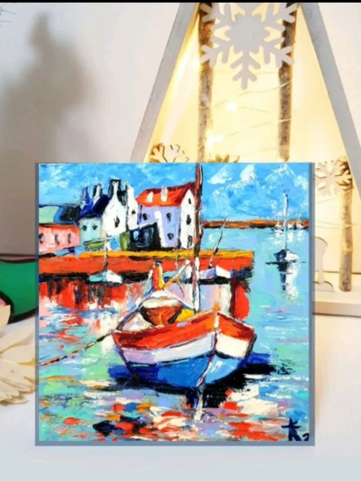 Oil painting seascape Norwegian houses and boats