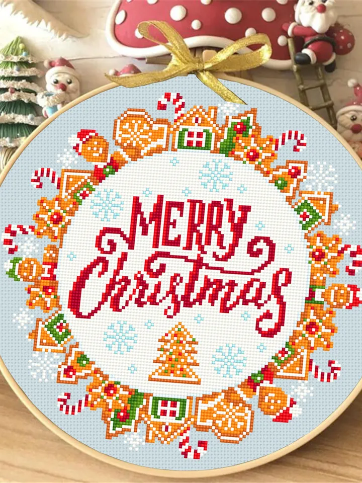 Merry Christmas cross stitch pattern download PDF Gingerbread wreath cross stitch chart Christmas pattern digital DIY Christmas decor #N23