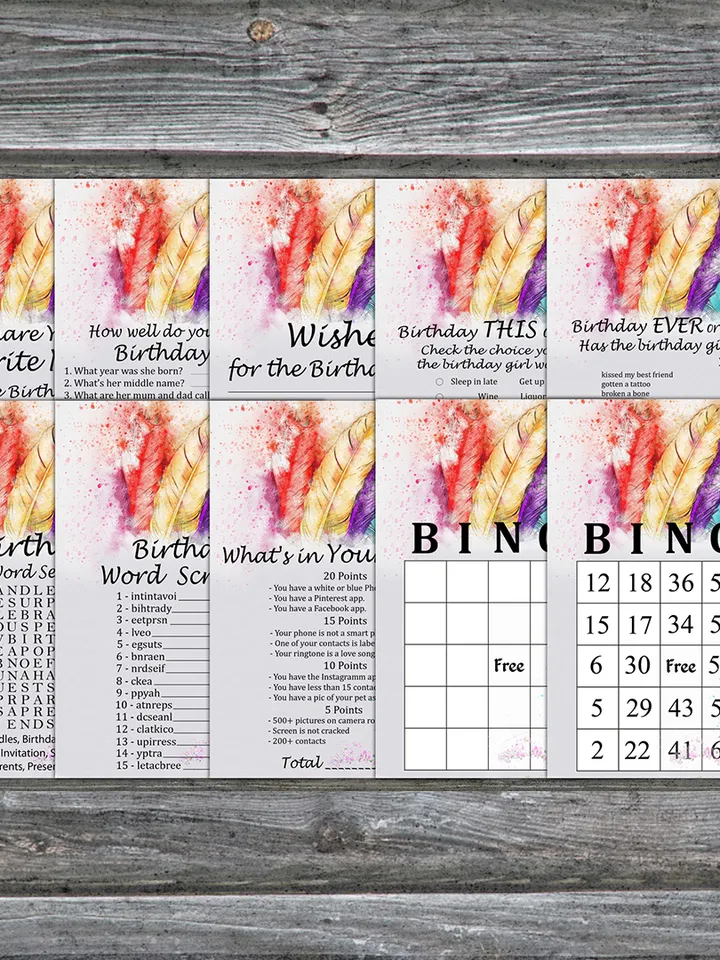 Tribal Feather Birthday Party Games bundle,Adult birthday games package,Printable Birthday Games,INSTANT DOWNLOAD