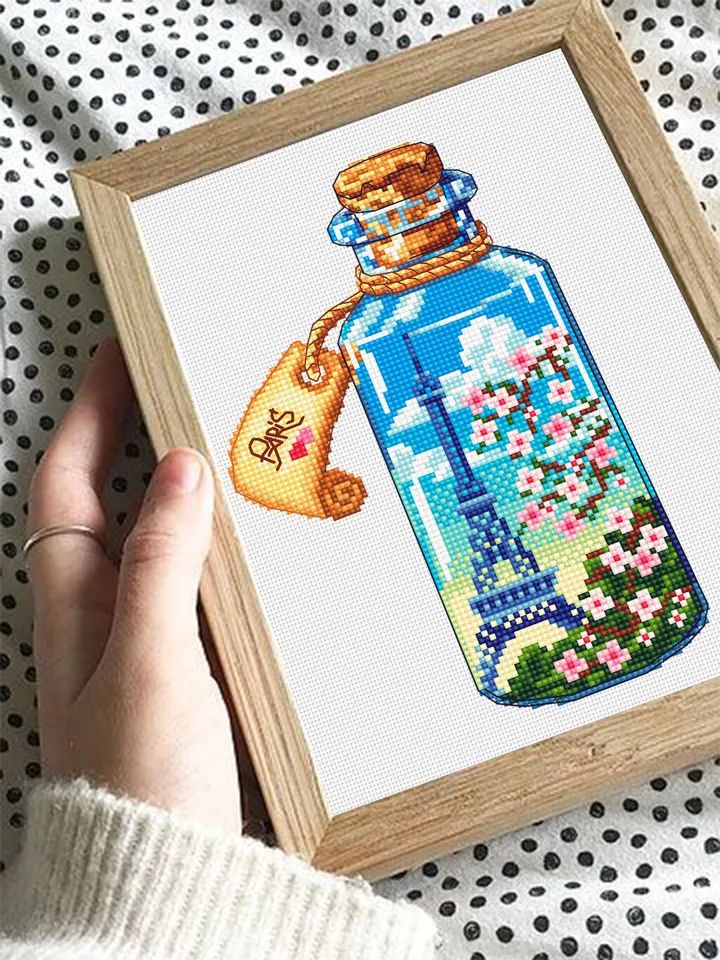 Bottle cross stitch pattern PDF download Eiffel Tower beginner stitch Sakura flowers cross stitch Spring France embroidery Paris decor #E10