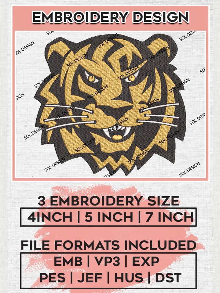 NCAA Towson Tigers College Team Head Mascot Logo Embroidery Design Files, NCAA Towson Tigers Machine Embroidery, NCAA Teams, 3 sizes, NCAA Machine embroidery designs, Digital Download
