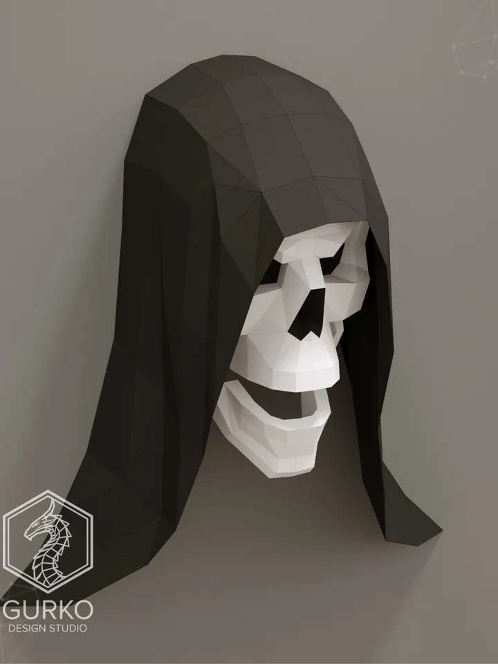 Hooded Skull Papercraft, Digital Template, PDF Download, Gurko, Trophy, 3D Low Poly, Pepakura, DIY Origami, Paper Decor, DIY Gift