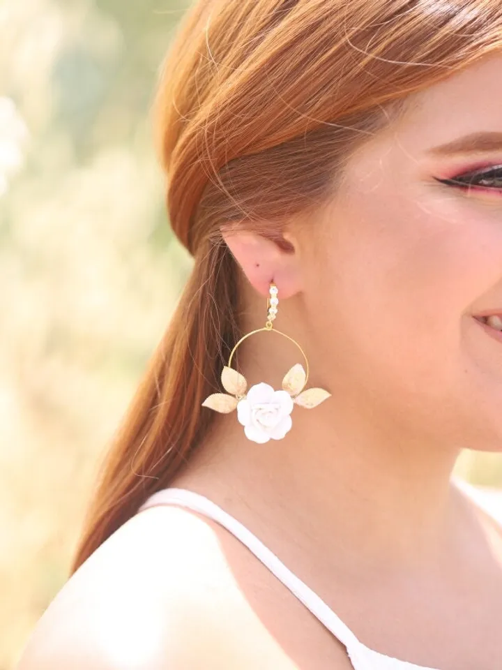 Hoop Porcelain Flower Boho Wedding Earrings, Floral Statement Rose Gold Bridal Earrings, Leaf Statement Wedding Jewelry, Boho Bridal Jewelry