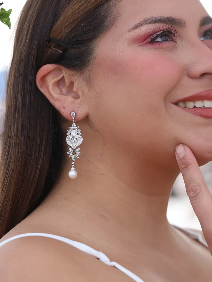 Art Deco Silver Swarovski Crystal Statement Wedding Earrings, Drop Pearl Chandelier Bridal Earrings, Boho Wedding Earrings, Bridal Jewelry
