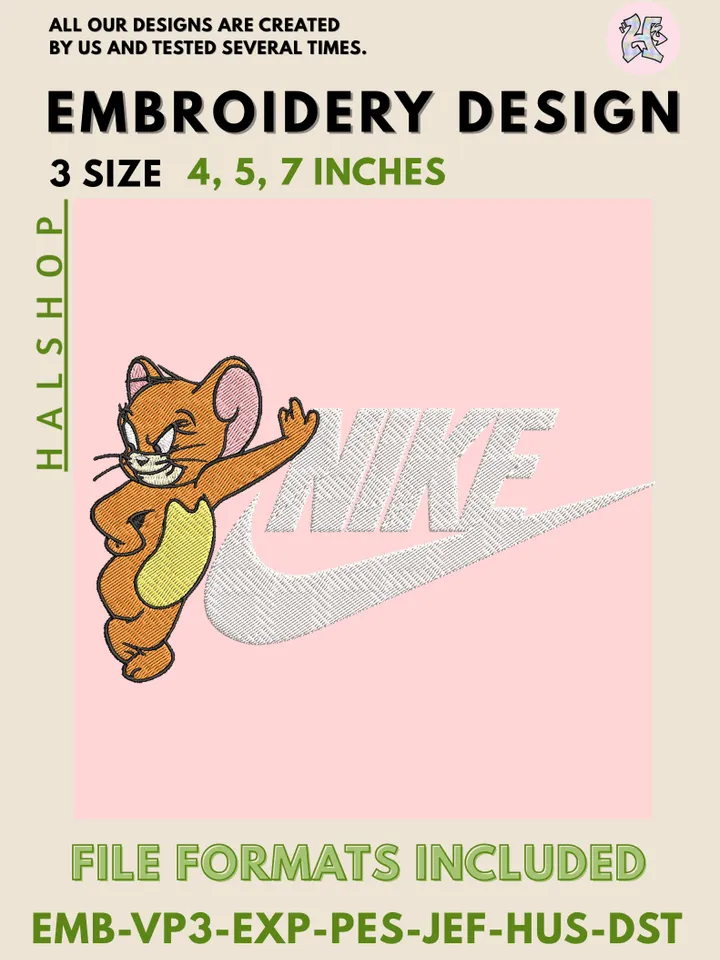 Jerry x Nike Machine Embroidery Design – Cute Cartoon Digital Embroidery File 🐭