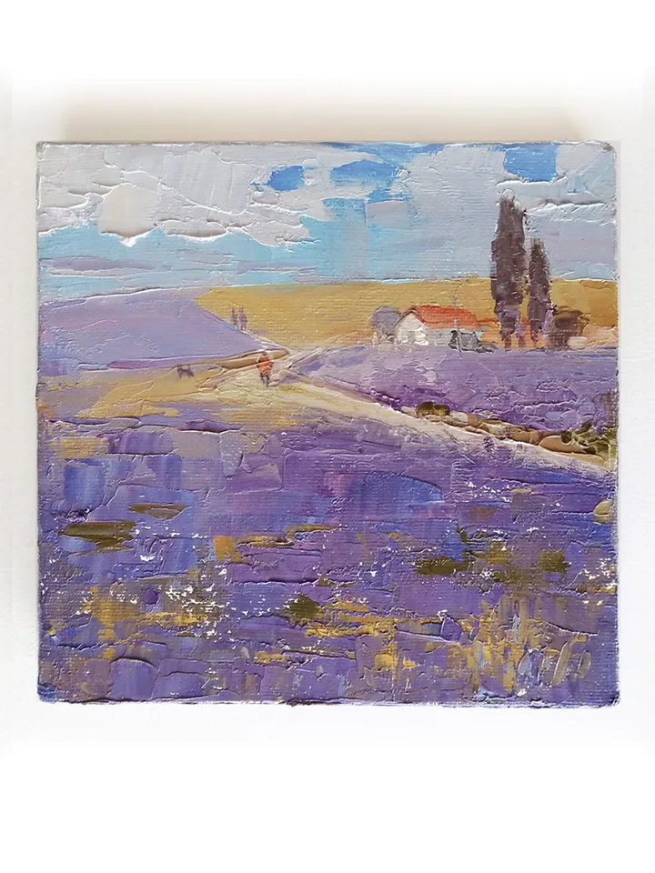Lavender field mini canvas painting set of two. Oil painting original