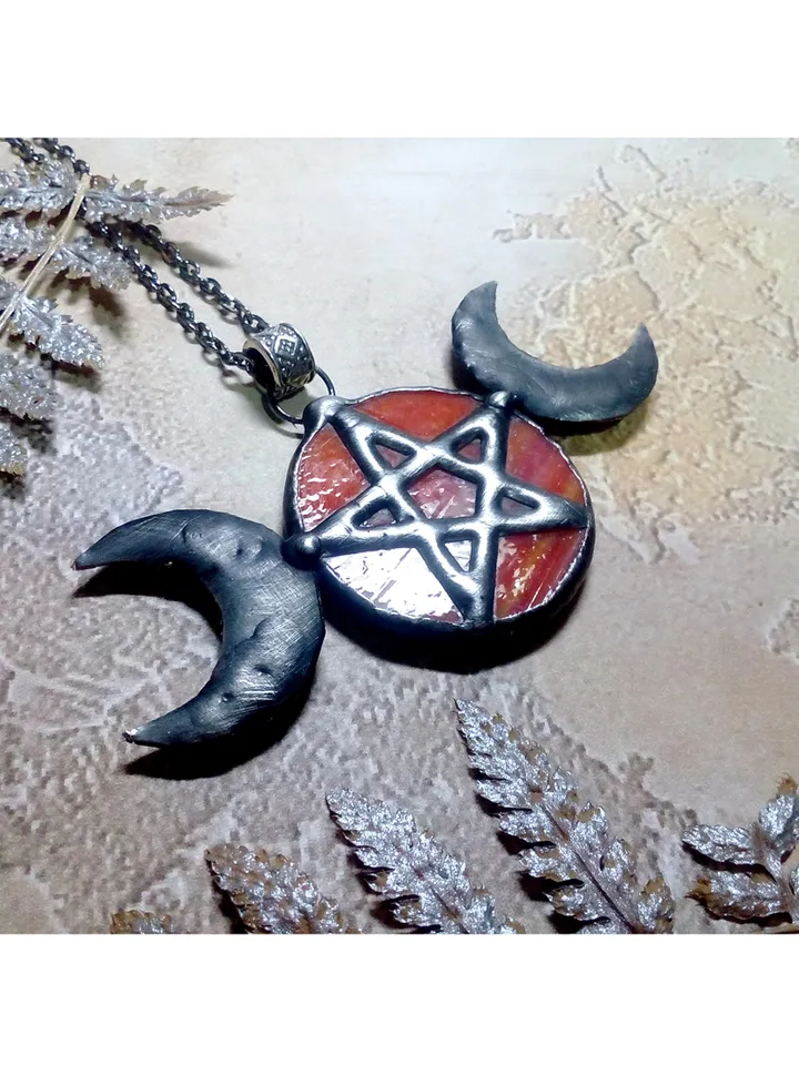Hecate necklace, Pentacle, Moon Goddess, Stained glass moon, Moon phase necklace, Stainglass crescent, Full moon pendant