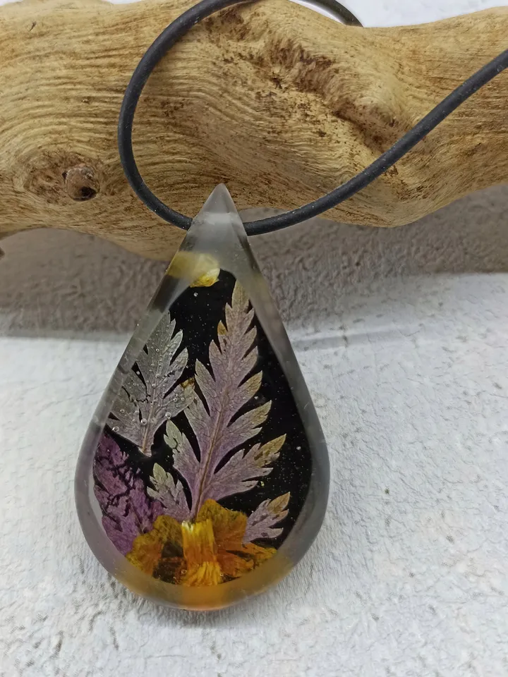 Resin and flower purple pendant Real fern leaf drop charm necklace