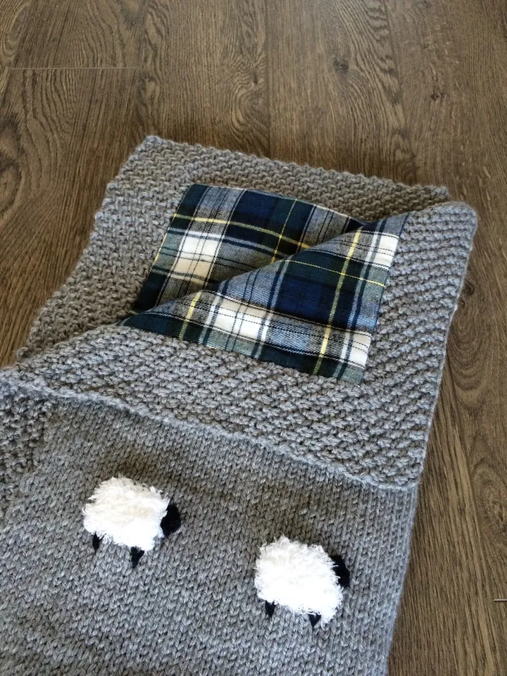Reversible Sheep Baby Blanket, Handknit, Fuzzy Sheep, Flannel on Reverse (Optional) 3 Sizes