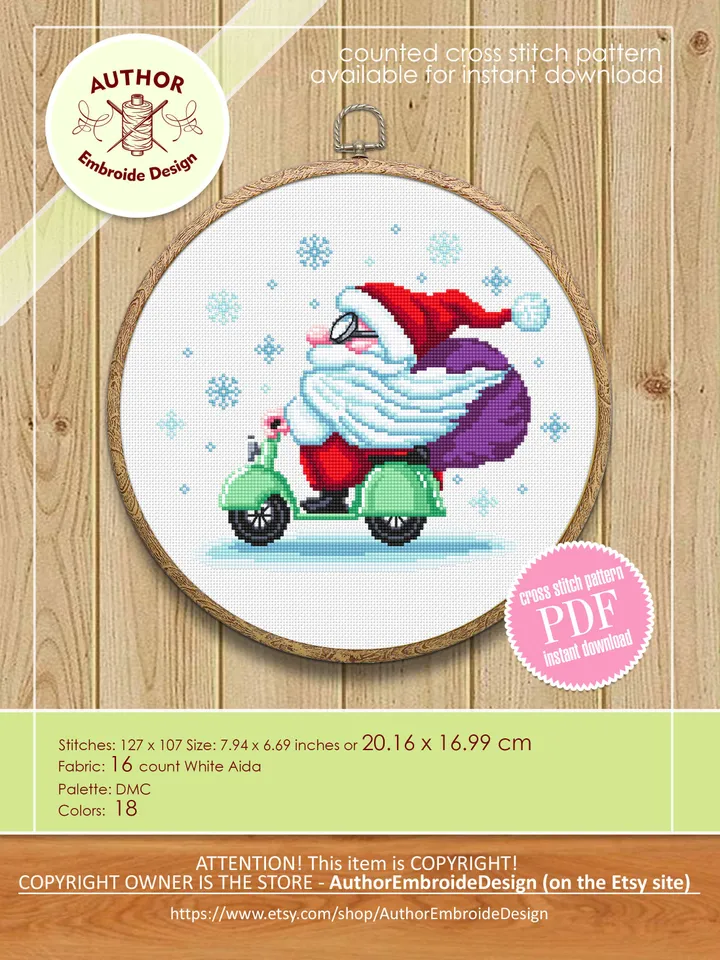 Funny Christmas santa cross stitch pattern download PDF, Santa Claus cross stitch chart, Winter holiday embroidery, Santa on motorbike #N65