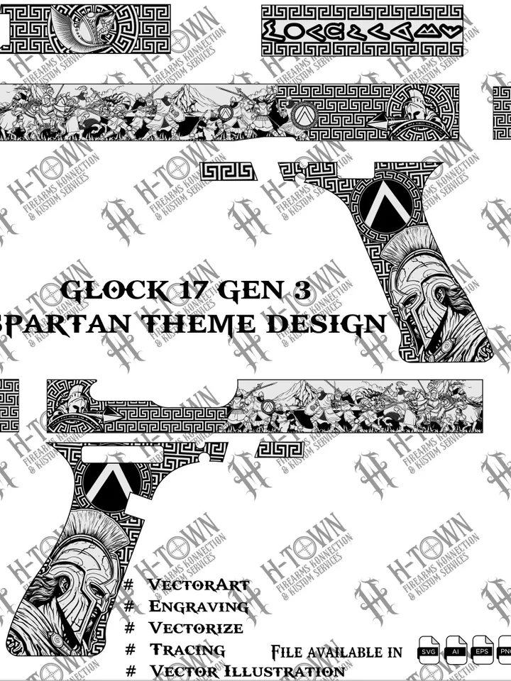 Glock 17 Gen 3 Spartan Theme Engraving | Vector Art Gun Design | Greek Warrior Spartan Helmet | Digital Download Svg Eps Ai Png