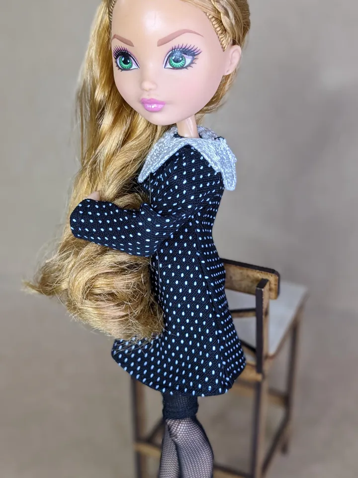 Handmade polka dot black mini dress for 10.5-inch female dolls (MH, EAH)