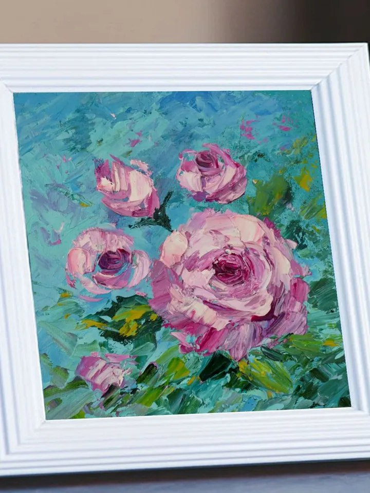 Roses oil painting Small artwork Original Art 6 by 6 inch Pink Flowers art by Juliya JC