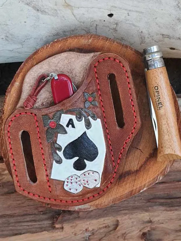 Pancake sheath, Buck 110, leather case, hand tooled, leather painted, Leather Pancake style sheath, folding knife, unique sheath