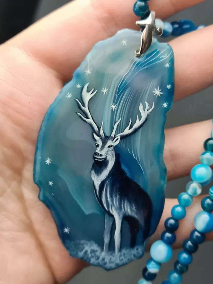 Deer necklace Agate necklace Real oil painting of deer Lacquer miniature