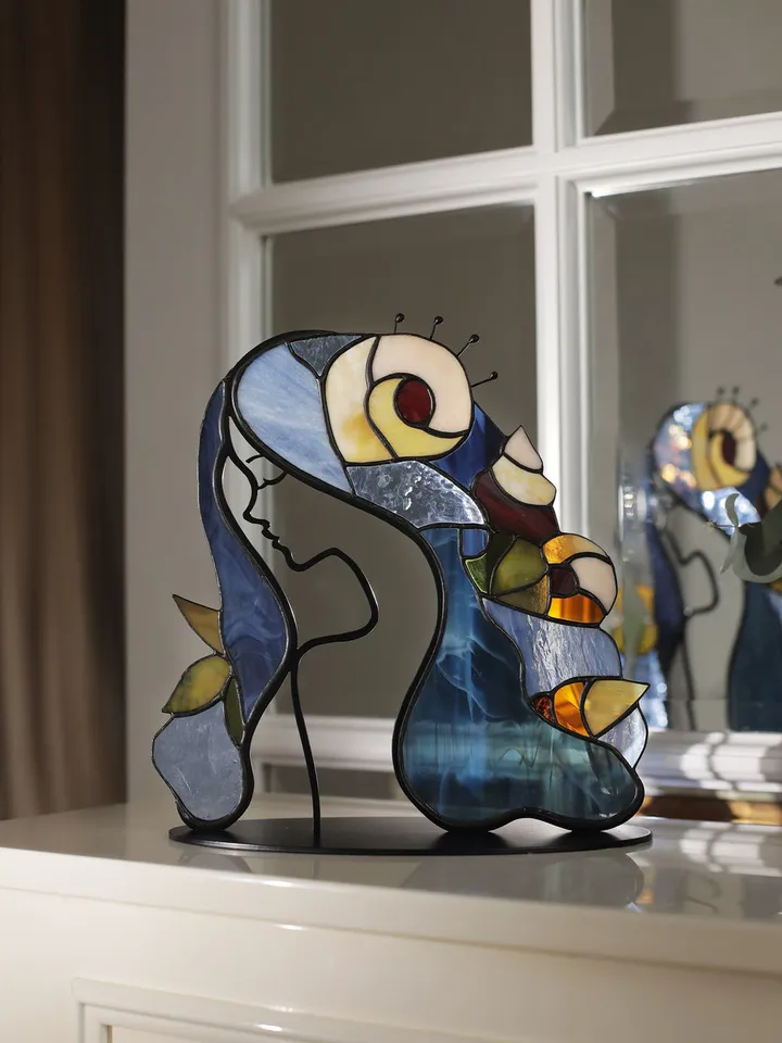 Stained Glass: Girl with Sea Shells,Tiffany Technique Stained Glass, Seaside Stained Glass with a Girl