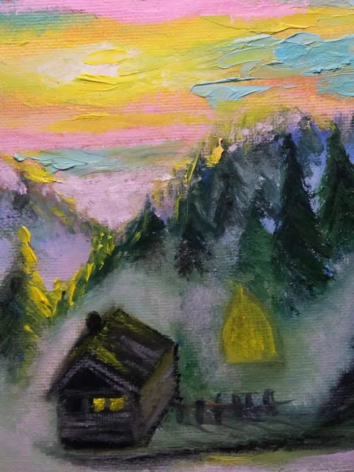 Oil Painting House in the Mountains Misty Dawn Mountains Mountain Landscape Mountain River Recreation Tourism Travel Canvas on Cardboard Miniature 9x7 inches 24x18 cm Wall Decor Gift for the occasion