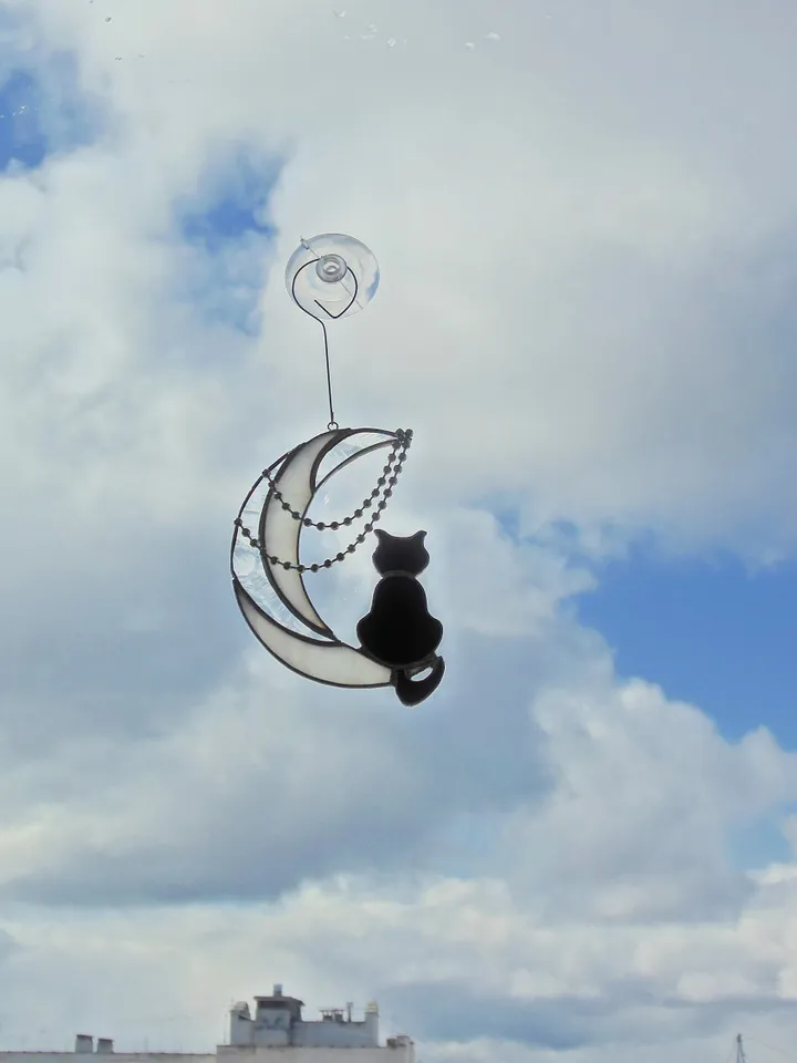 Black Cat On The Moon with Chains . Art stained glass window hanging Suncatcher . Gift for animal lover , pet loss memorial . White , black