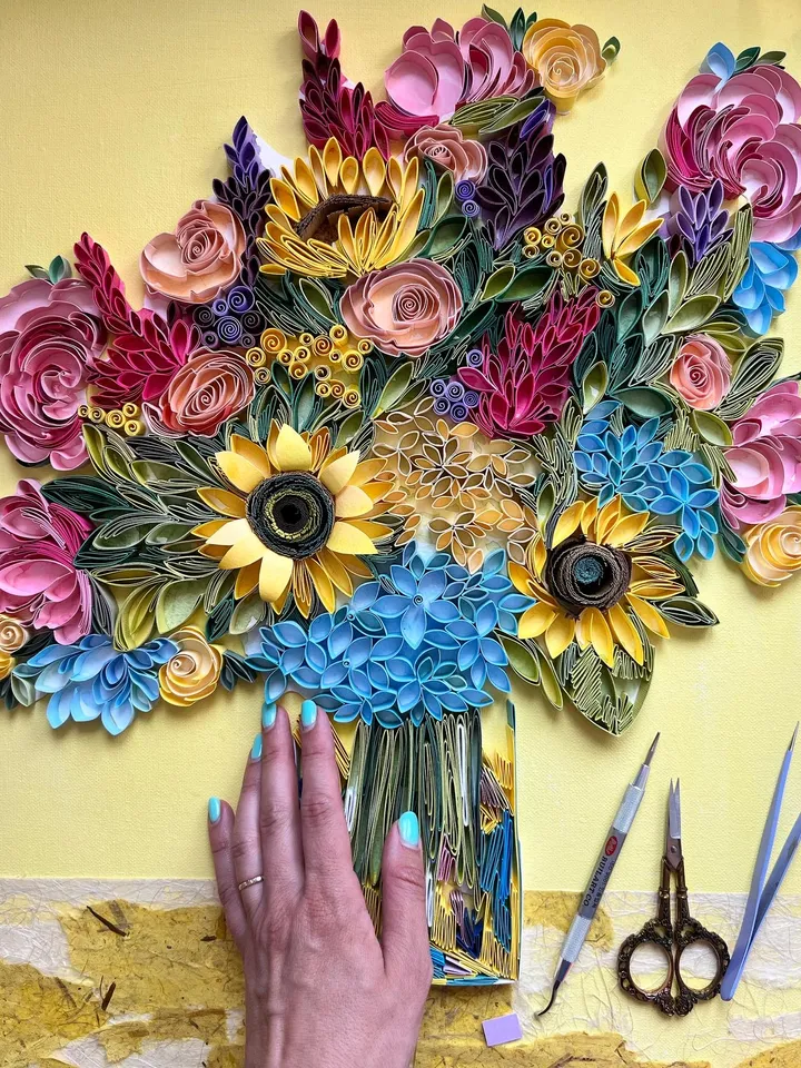 Original quilled wall art Paper painting Bouquet with sunflowers | Quilling Art