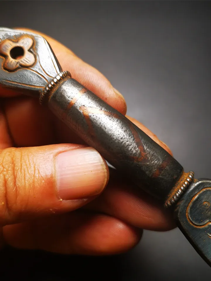 Gandhanra Tibetan Amulet Vajra, Kila Dagger (Dorje Phurba),Dharma Ritual,Made of Cold Iron inlaid with Copper